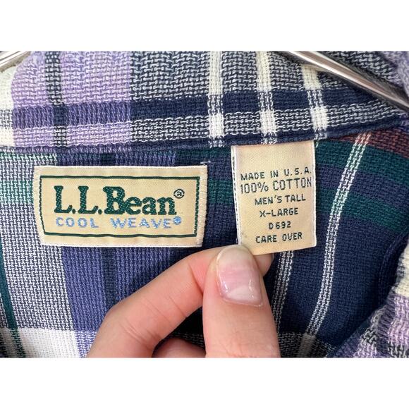 L.L. Bean Cool Weave Mens Blue Plaid Short Sleeve Button-Down Cotton Shirt Sz XL - Picture 4 of 4